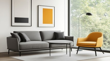 Modern living room featuring a grey sofa and yellow accent chair with large windows showing greenery