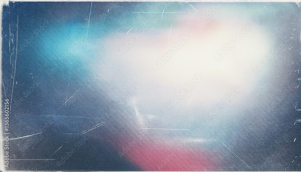 Poster textured abstract vintage frame with scratched blue and pink gradient, retro halftone pattern, faded