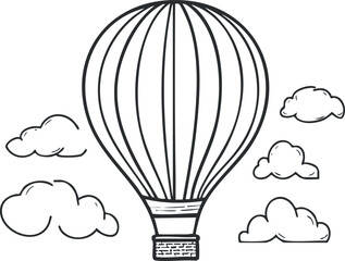 Vintage hot air balloon illustration with clouds, perfect for travel-themed designs.