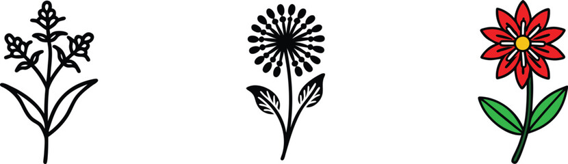 Three Floral Designs Simple Plant, Dandelion, Red Flower