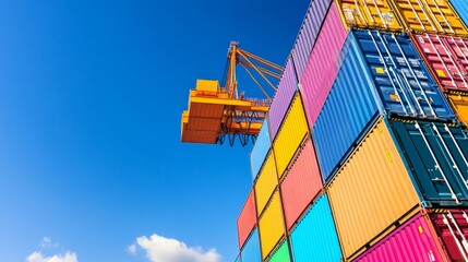 Colorful shipping container stacked at a port with a crane lifting cargo against a blue sky