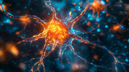 Leuchtendes Neuron mit elektrischen Impulsen in digitalem Netzwerk
