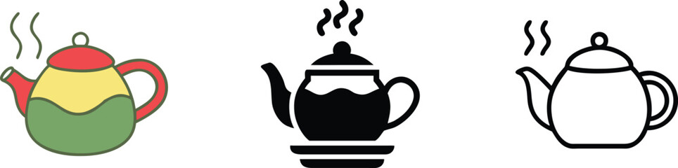 Colorful Teapot Illustrations Steaming, Hot, Beverage, Kitchenware, Icons