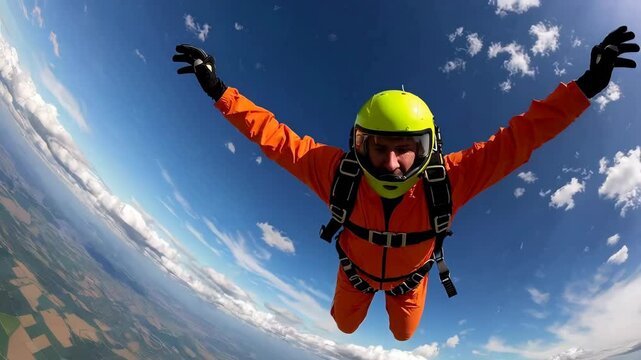 Skydiver descending in slow motion split screen, capturing freefall perspectives against blue sky and earth landscape with exhilarating aerial dynamics