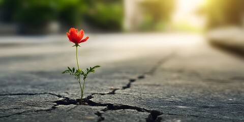 Resilient Flower Growing Through Crack in Asphalt Road Surface