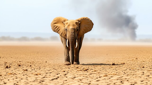 warning global renewable energy climate An elephant stands alone in a dry desert landscape, showcasing the impact of climate change and habitat loss on wildlife.