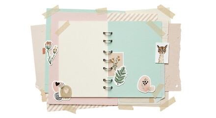 Open Scrapbook with Pastel Pages and Botanical and Animal Stickers