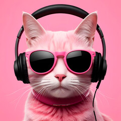 Pink cat with sunglasses and headphones, created with Generative AI