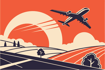 6 Retro-style airliner illustration, vibrant orange sky, stylized commercial jet taking off, art deco poster design, sleek aircraft silhouette, minimalist landscape, bold color palette, vintage travel