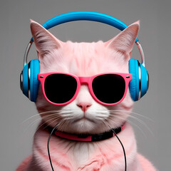 Pink cat with sunglasses and headphones, created with Generative AI