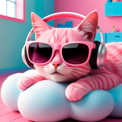Pink cat with sunglasses and headphones, created with Generative AI