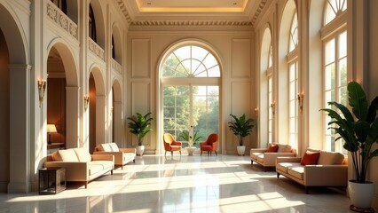 Fototapeta premium Sunlit Grandeur A Luxurious Interior Design Featuring Elegant Sofas, Armchairs, and Lush Greenery in a Spacious Room with High Ceilings and Large Windows