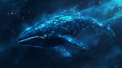 Fototapeta premium A magical whale with glowing patterns on its skin, swimming through an ethereal deep-blue expanse