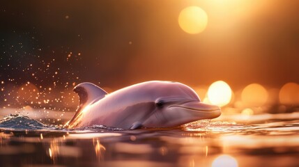 Elegant dolphin swimming in golden sunset light creating magical reflections on water for serene nature and wildlife photography enthusiasts