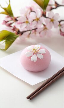 Delicate sakura mochi on washi paper isolated on white background food photography minimalist style
