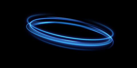 Fototapeta premium Abstract light lines of movement and speed of blue color. Circular movement of light lines. Podium, portal. Frame of light.