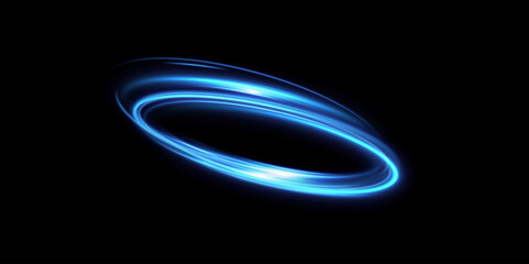 Abstract light lines of movement and speed of blue color. Circular movement of light lines. Podium, portal. Frame of light.