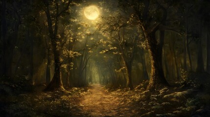 Fototapeta premium Enchanted Moonlight: A mystical forest path under a luminous full moon. Shadows dance among trees in a captivating night scene, creating an atmosphere of peace.
