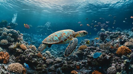 A pristine coral reef vs. a bleached, dying reef, highlighting the impact of climate change. A sea turtle entangled in plastic, an emotional and thought-provoking image. A mass of microplastics 