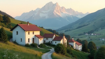 Fototapeta premium Serene mountain village homes nestled on a hillside overlooking majestic peaks at sunset