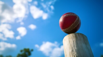 Cricket Ball in Focus: A cricket ball, resting precariously atop a wooden cricket stump against a vivid blue sky dotted with fluffy clouds, embodies anticipation and the spirit of the sport.