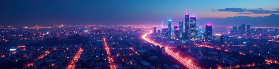 Fototapeta premium Futuristic cityscape with holographic stock data overlay, technology background, abstract, interface