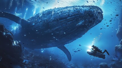 A scuba diver exploring a sunken ship, with schools of fish swimming around the wreckage. A marine researcher in a submersible observing the ocean floor, illuminated by bright lights.