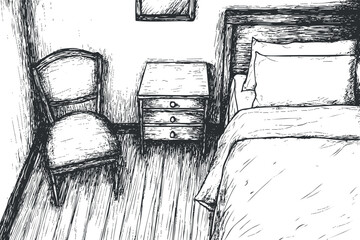 Fototapeta premium Hand-drawn sketch of a bedroom interior with bed, chair, and nightstand.