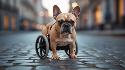  Charming and Determined: A Fawn French Bulldog in a Mobility Wheelchair, with blurred background 