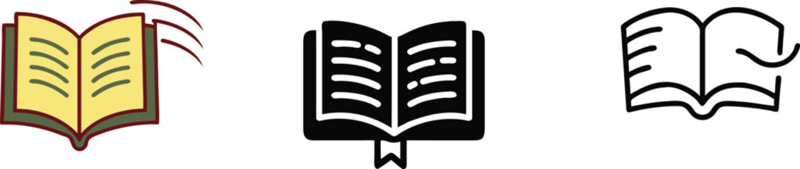 Open Book Icons Yellow, Black, Line Art, Reading, Knowledge, Wisdom, Education, Literature, Pages, D
