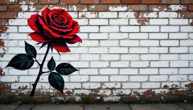 Single red rose stencil, brick wall, London graffiti , london, brick wall, wall art