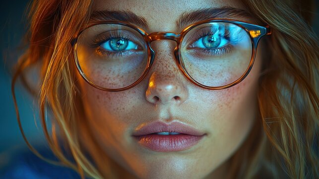 Closeup of a thoughtful introspective redheaded woman with piercing blue eyes framed by chic eyeglasses exuding a pensive contemplative mood in a studio setting