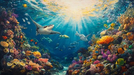 A vibrant coral reef teeming with life, featuring clownfish, sea turtles, and colorful corals. A manta ray gliding gracefully over a reef at sunrise, with sun rays piercing the water. 
