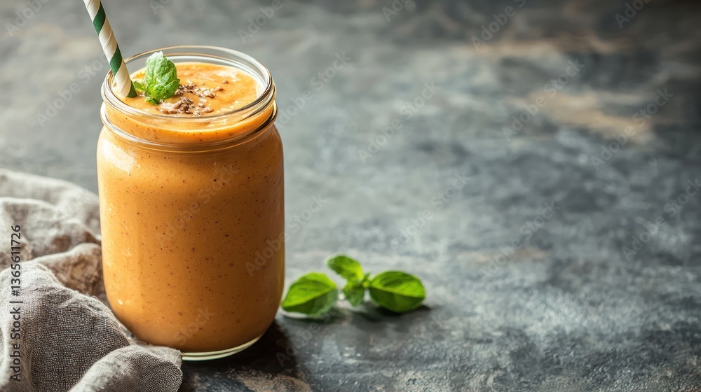 Poster carrot smoothie served in a mason jar with straw