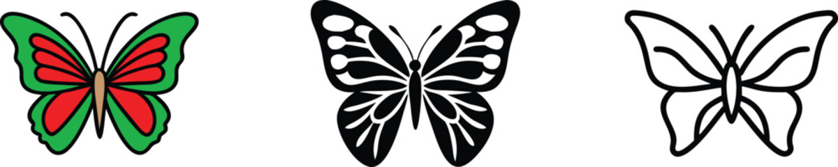 Three Butterfly Designs Red, Green, Black, and Outline