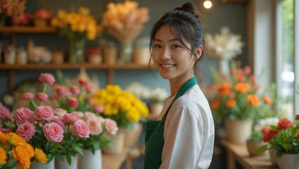 Fototapeta premium Smiling Japanese Florist in Her Vibrant Flower Shop Surrounded by Colorful Bouquets
