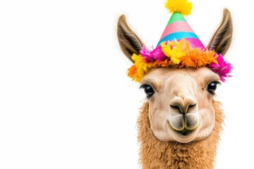 Obraz premium Celebratory alpaca wearing colorful party hat