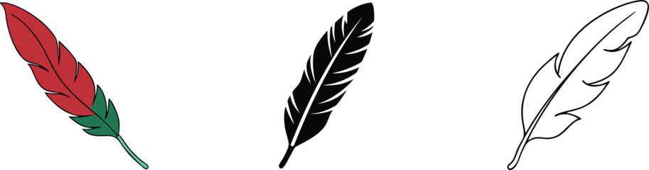 Obraz premium Three Colorful Feather Designs Red, Black, and Outline