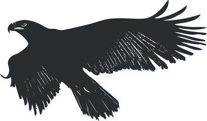 Obraz premium Flying eagle silhouette with spread wings for wildlife, freedom, nature, and emblem design use.