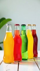 Group of colorful soft drinks bottles arranged on a white wooden table, drink, table setting