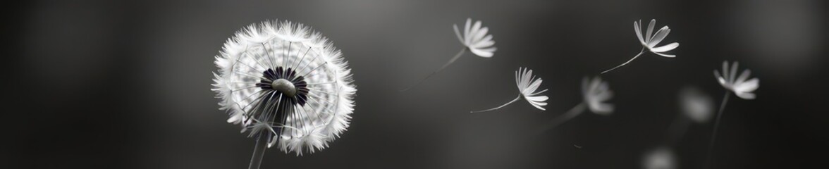 Obraz premium Black and white dandelion seed dispersal, delicate structure , contrast, airy