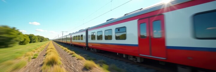Blurred high-speed train against clear blue sky, sunshine , acceleration, speed