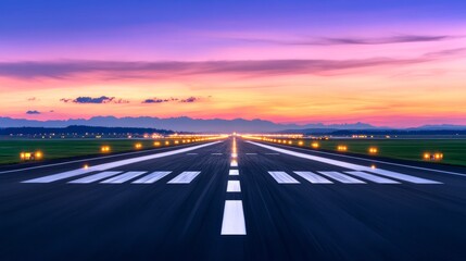 Fototapeta premium Sunset over a tranquil airport runway leading to distant mountains under a colorful sky
