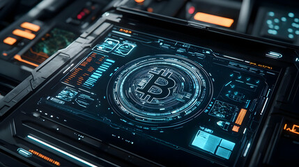 Glowing Bitcoin Token with Blockchain Visuals on Modern Interface