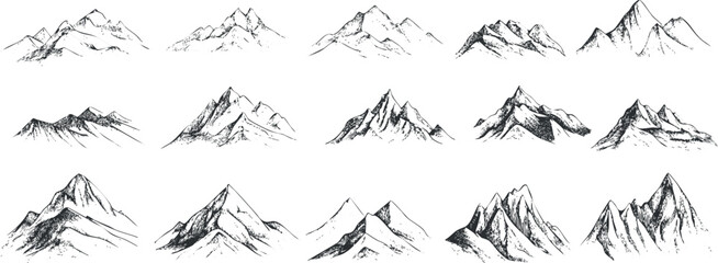 Fototapeta premium Set of hand-drawn mountain sketches in minimalist line art style for nature, landscape, adventure, and outdoor design use.