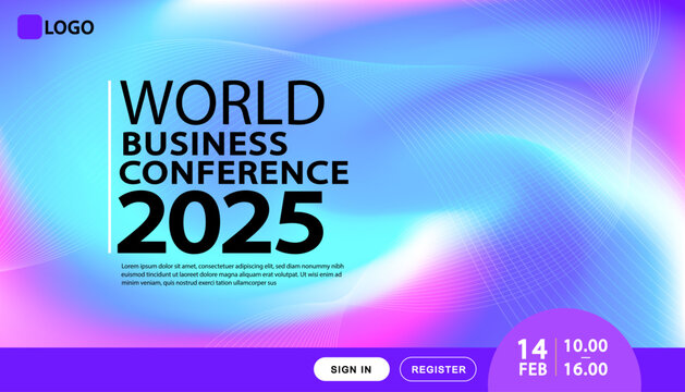 A modern template for a world business conference website. The banner features an abstract fluid gradient background in blue, purple tones. Includes sign in and register buttons for an event page.