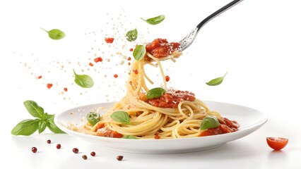 Delicious Italian Spaghetti with Tomato Sauce – Fork Twirling Pasta, Fresh Basil, Parmesan Cheese, and Cherry Tomatoes in a Gourmet Food Presentation