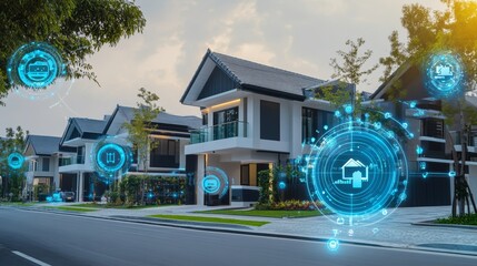 An AI powered smart home security system monitoring and protecting property with real time threat detection and automated responses, Home security style, photo of
