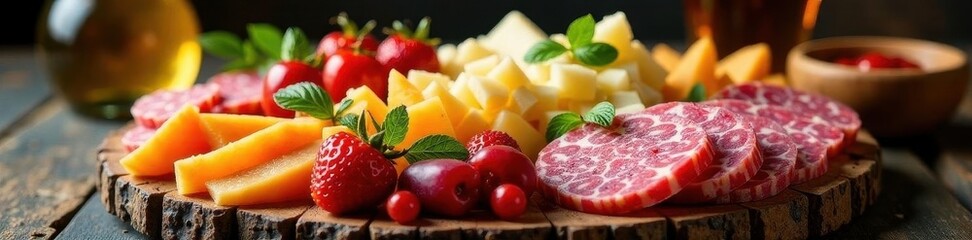 Lavish charcuterie arrangement, perfect for a get-together, party food, closeup, fruit