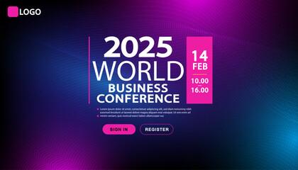 A futuristic website banner template for a world business conference or tech summit. The modern design features a dark blue and purple gradient background with abstract light flare effects.